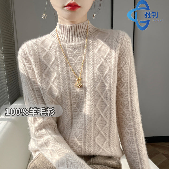 Women's cable-knit mock neck sweater with fine ajour detail and fluffy cashmere look Mune Fashion