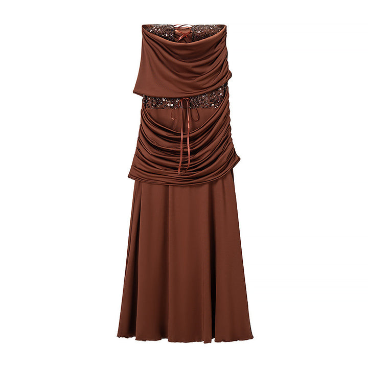 Ladies evening dress with off-the-shoulder draped top and sequin insert Mune Fashion