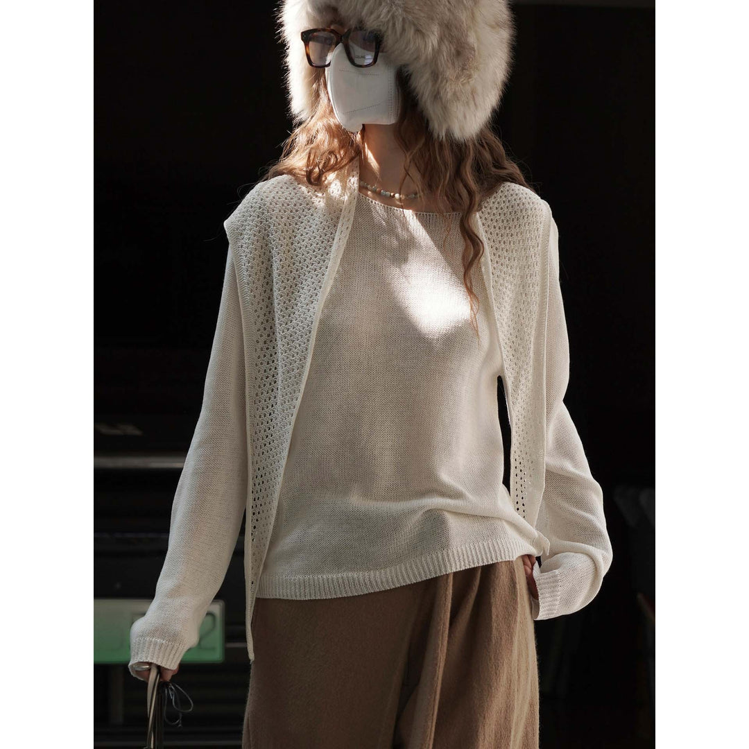 Women's lightweight fine-knit ensemble with loose sweater and openwork cardigan Mune Fashion