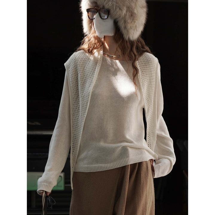 Women's lightweight fine-knit ensemble with loose sweater and openwork cardigan Mune Fashion