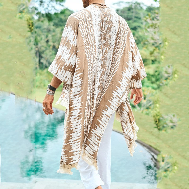 Men's Lightweight Ethno Beach Kaftan with V-Neck and Fringes Mune Fashion