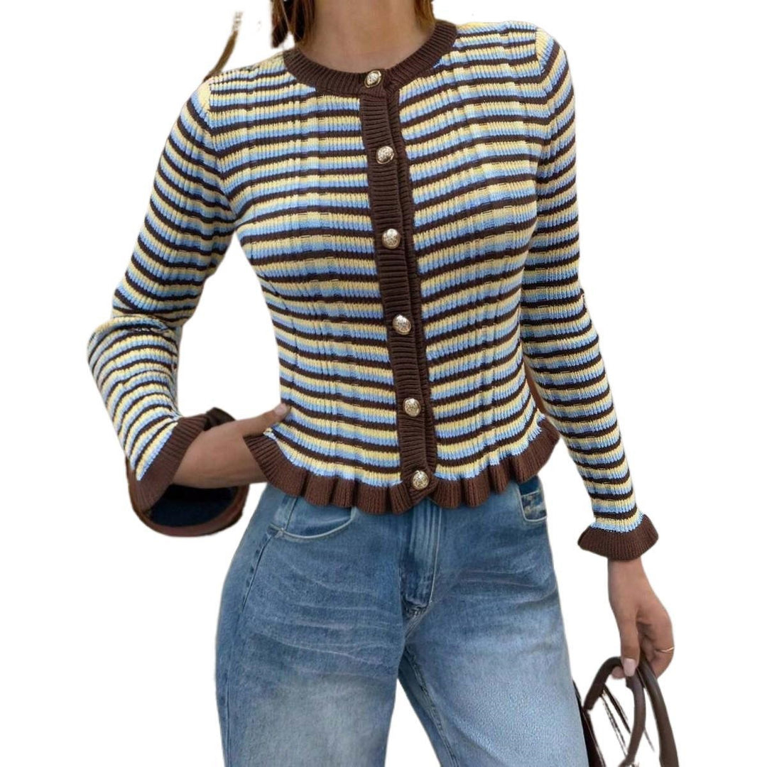 Women Ribbed Short Cardigan with Ruffle Cuffs & Statement Buttons Mune Fashion