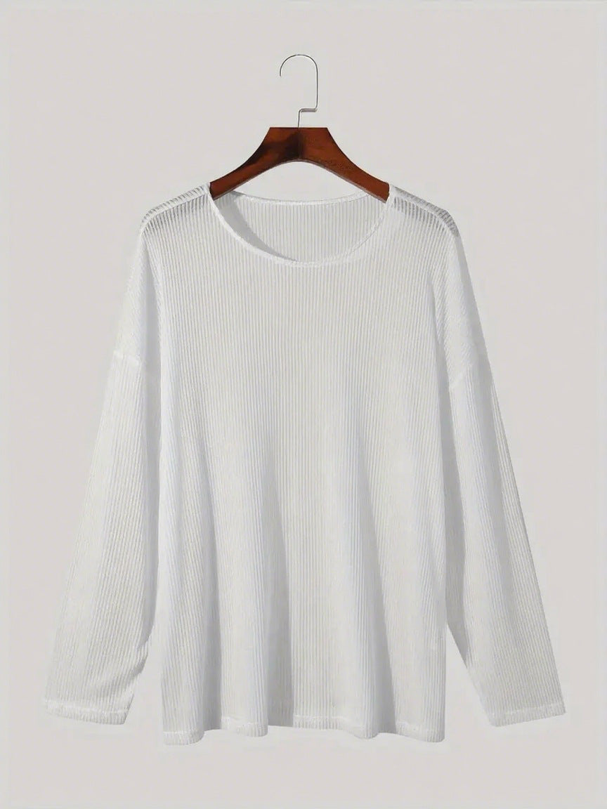 Ladies fall loose long sleeve fine knit shirt with fine ribbed pattern and round neck Mune Fashion