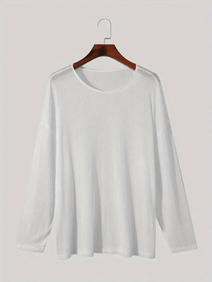 Ladies fall loose long sleeve fine knit shirt with fine ribbed pattern and round neck Mune Fashion