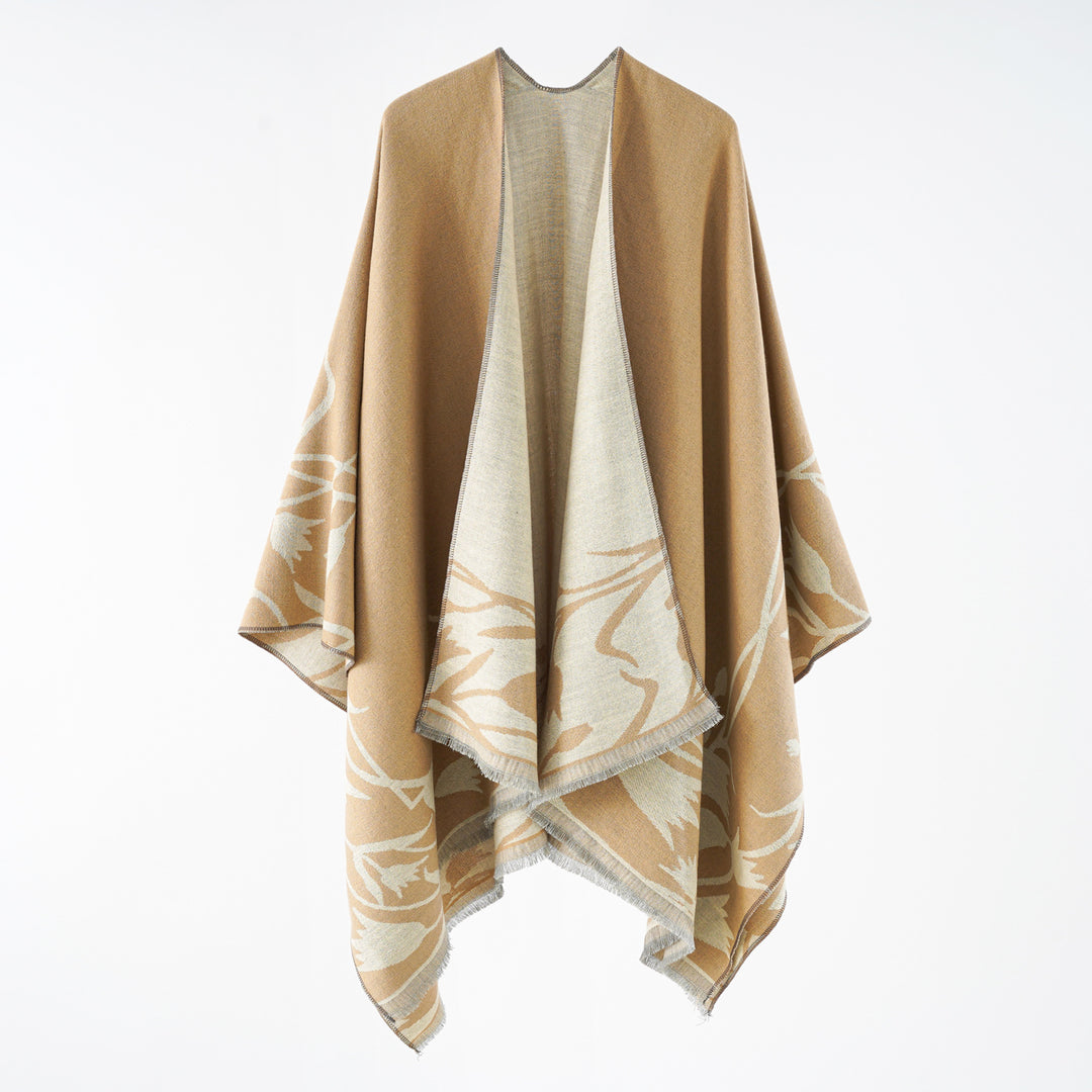 Ladies Elegant Reversible Ruana Wrap in Double-Faced Wool Blend with Floral Jacquard Design