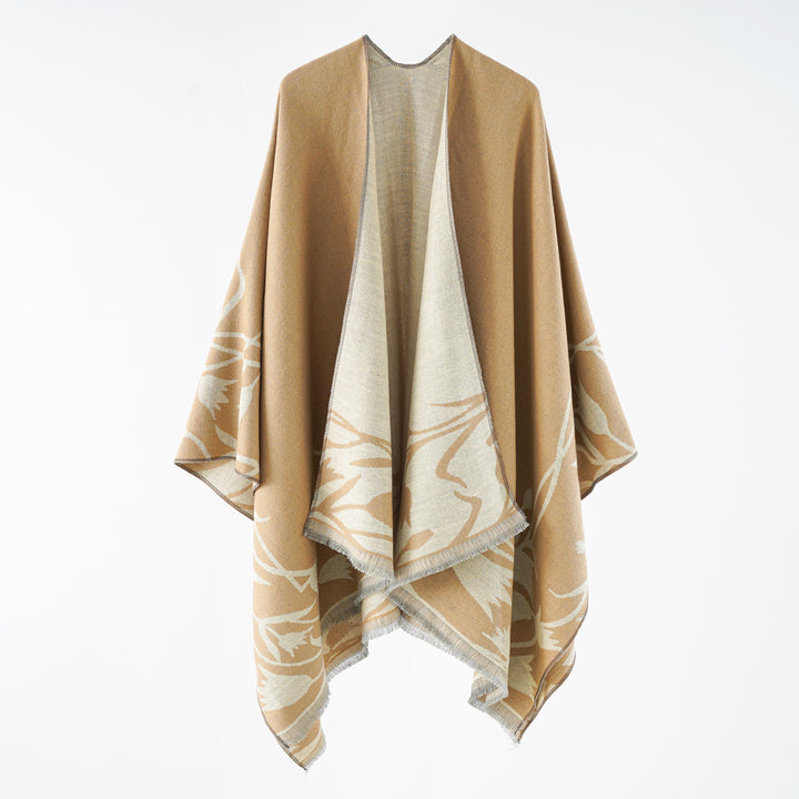 Ladies Elegant Reversible Ruana Wrap in Double-Faced Wool Blend with Floral Jacquard Design
