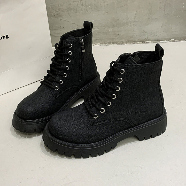 Ladies Chunky Combat Ankle Boots made of denim look with robust profiled sole and side zipper Mune Fashion