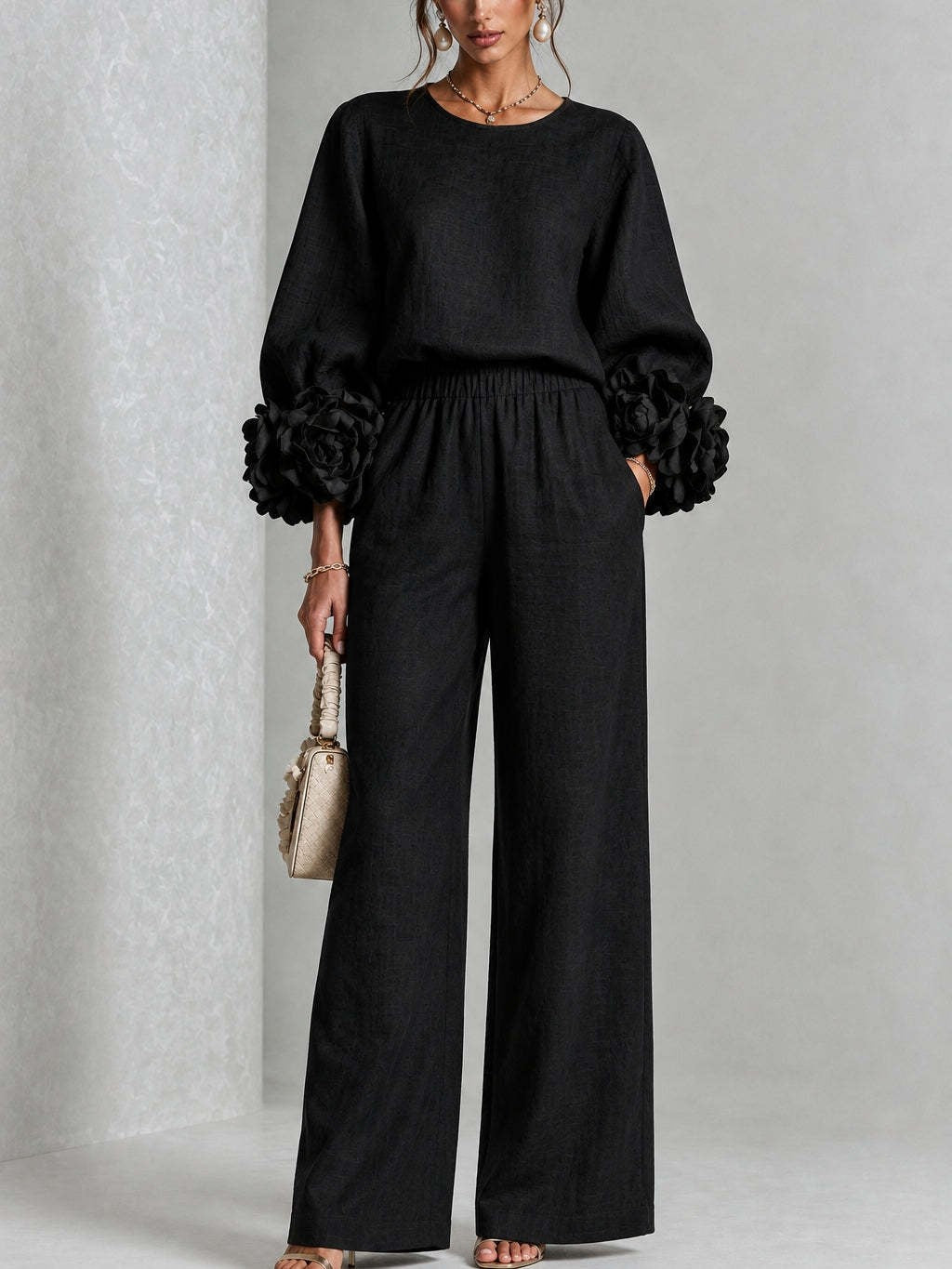 Women's Two-Piece Linen Blend Set with Wide Leg, Elastic Waistband and Floral Sleeves Mune Fashion