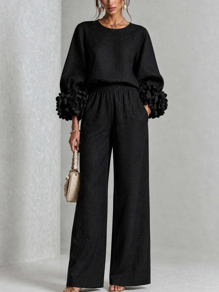 Women's Two-Piece Linen Blend Set with Wide Leg, Elastic Waistband and Floral Sleeves Mune Fashion
