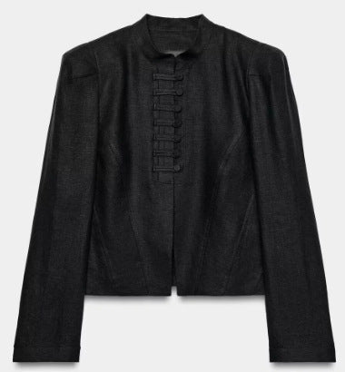 Women Tailored Short Blazer in Mandarin Style with Decorative Knot Yoke Mune Fashion