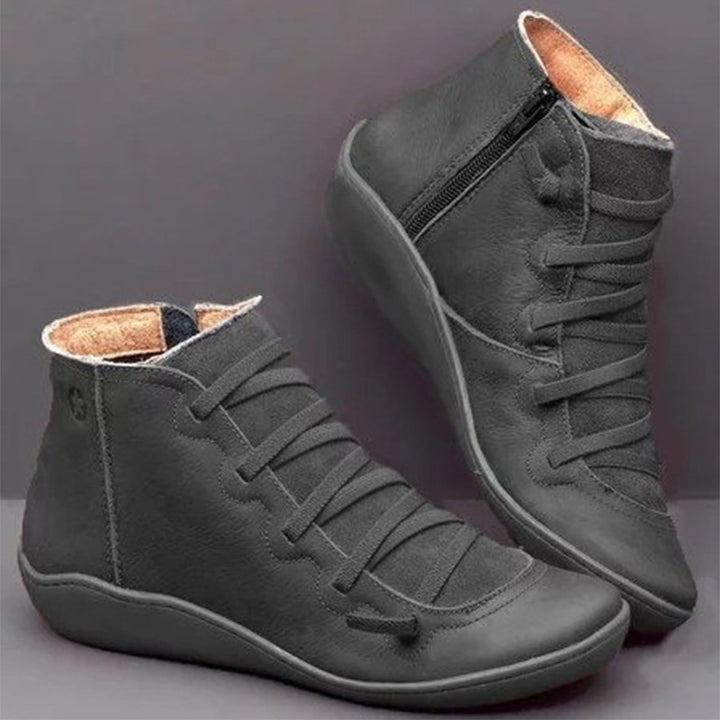Women's Ankle-Height Comfort Boots with Elastic Decorative Lacing and Side Zipper Mune Fashion
