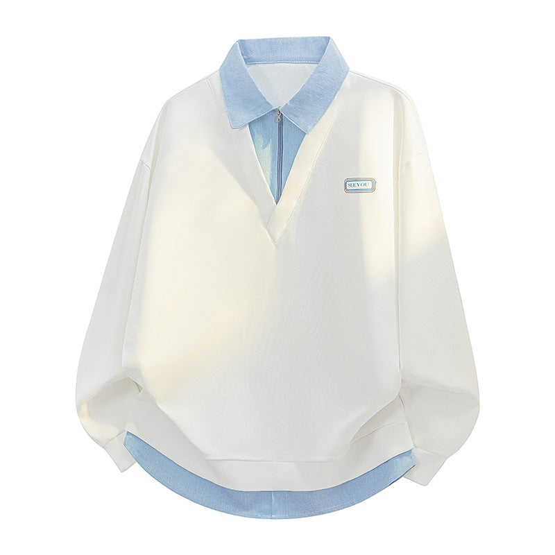 Unisex Layered Look Sweatshirt with Shirt Collar and V-Neck Mune Fashion