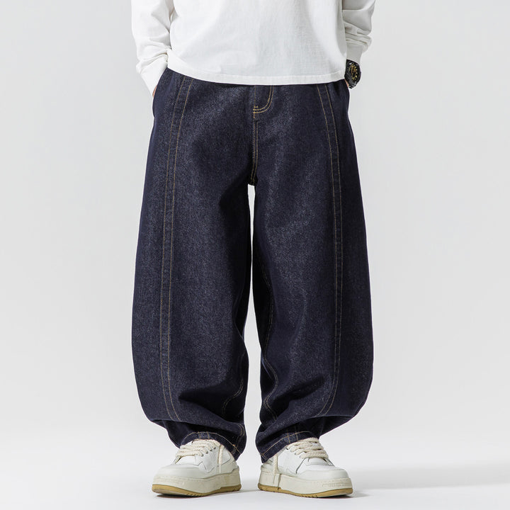 Men's Baggy Denim Pants with extra wide leg, drop crotch and visible contrast stitching Mune Fashion