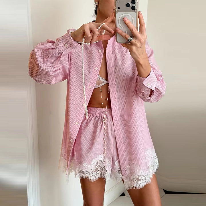 Women's two-piece satin pajama set with shirt blouse, elastic waistband shorts, and lace trim Mune Fashion