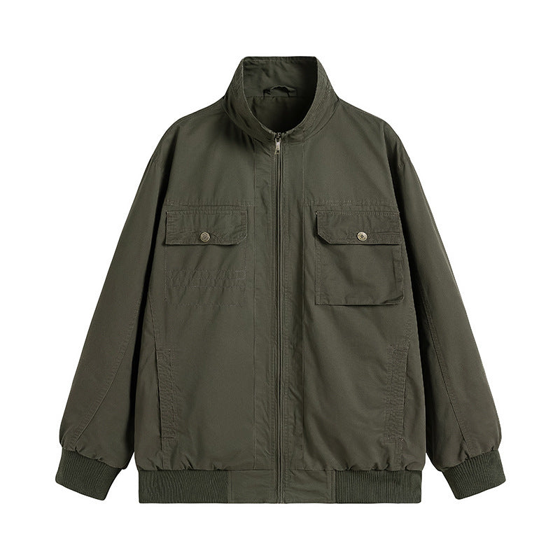 Men's Loose-Fitting Canvas Over Jacket with Stand-Up Collar and Flap Pockets Mune Fashion