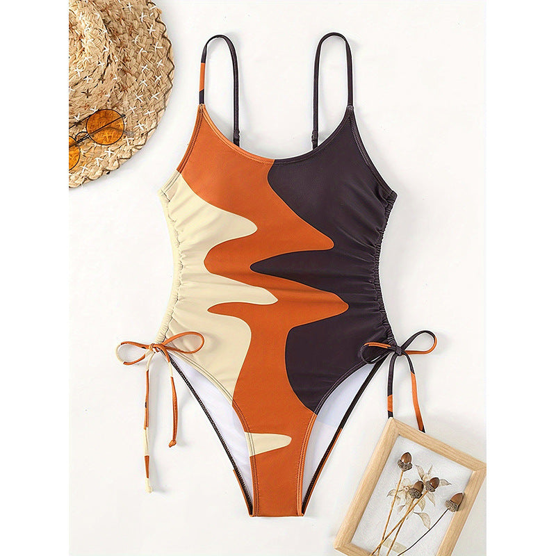Women's one-piece swimsuit with asymmetric pattern and adjustable tie Mune Fashion