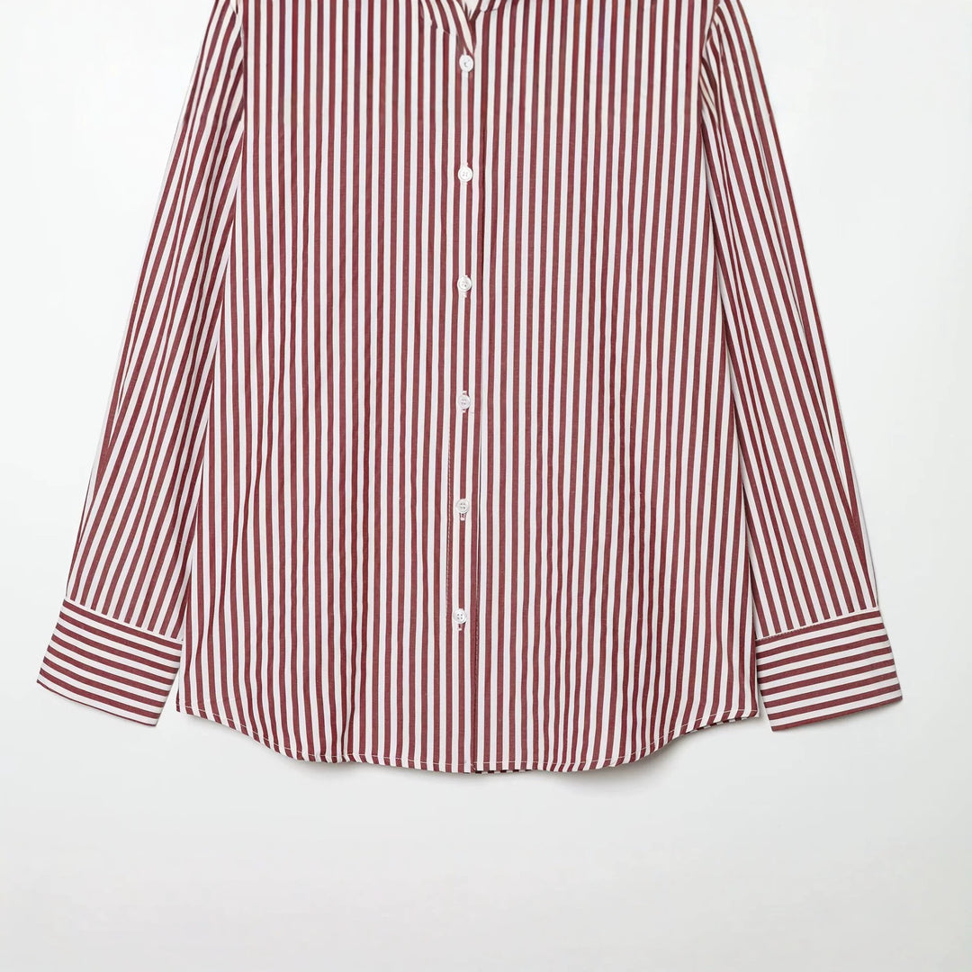 Women's Oversized Shirt Blouse with Vertical Striped Pattern and Kent Collar Mune Fashion
