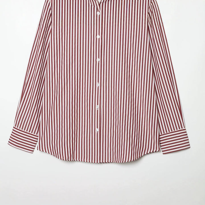 Women's Oversized Shirt Blouse with Vertical Striped Pattern and Kent Collar Mune Fashion