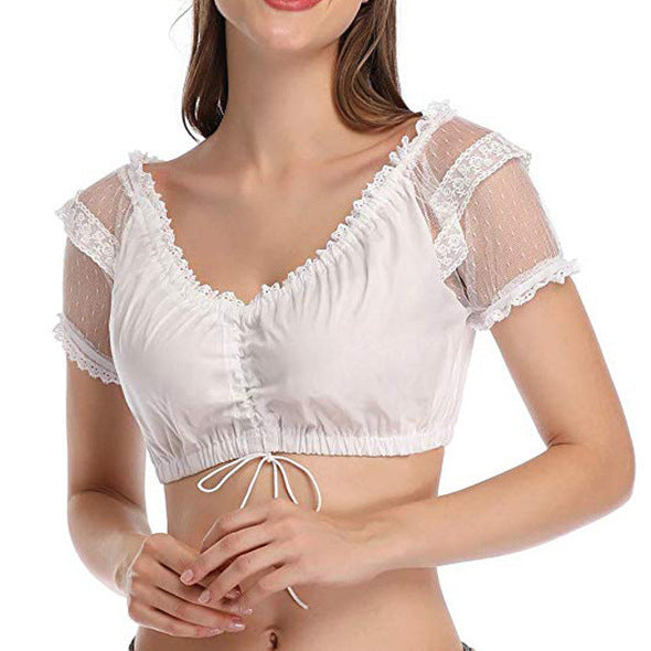 Women's short Carmen blouse with lace sleeves and gathered drawstring Mune Fashion