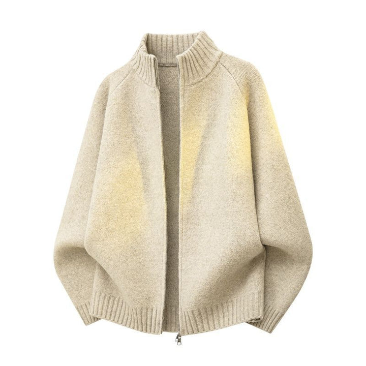 Women Oversize Teddy Knit Cardigan with Stand-up Collar, Ribbed Hems & Two-way Zipper Mune Fashion