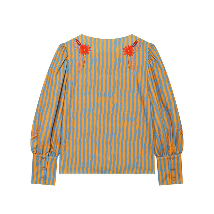 Women's Striped Blouse Jacket with Floral Embroidery and Balloon Sleeves Drune