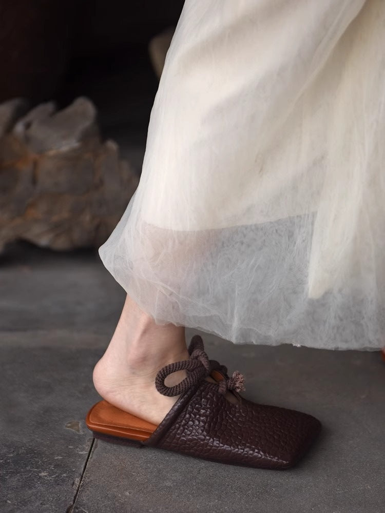 Women's Square Leather Mules with Knotted Rope Loop and Textured Surface Mune Fashion