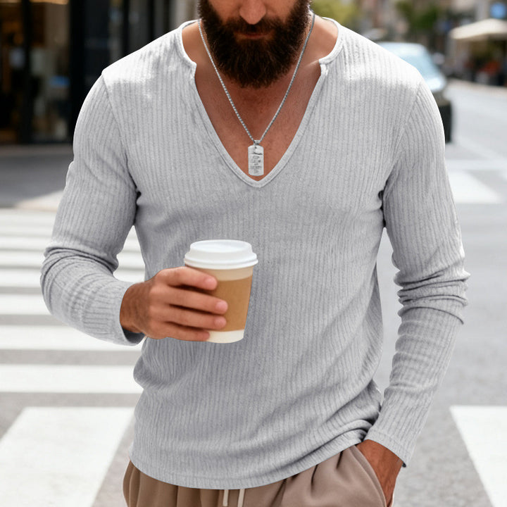 Men's ribbed V-neck long sleeve shirt made of lightweight cotton blend Mune Fashion