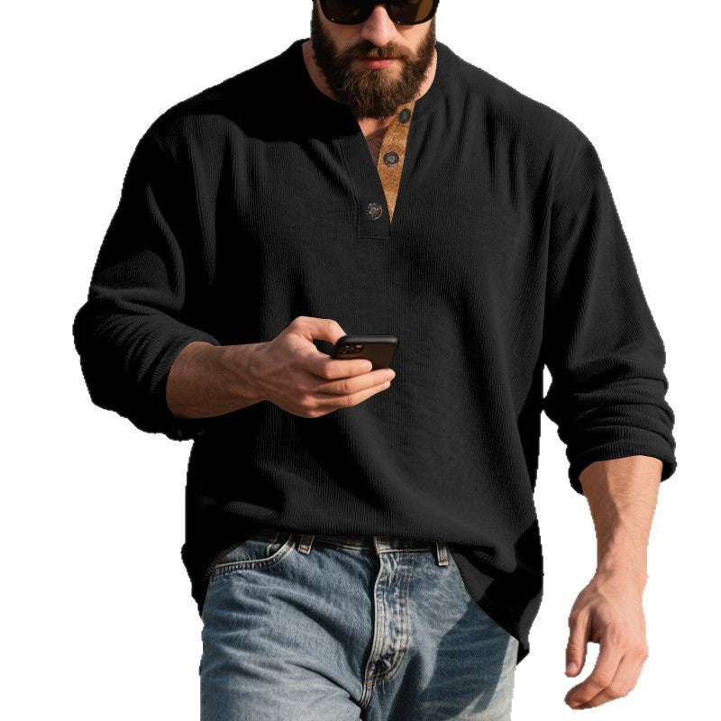 Men's long-sleeve Henley shirt made of structured cotton blend with decorative button placket Mune Fashion