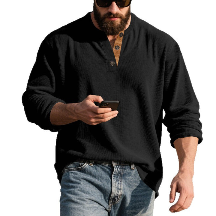 Men's long-sleeve Henley shirt made of structured cotton blend with decorative button placket Mune Fashion