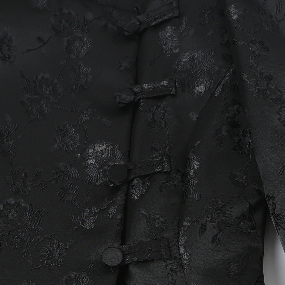 Women's Tailored Jacquard Blazer Jacket with Mandarin Collar and Decorative Knot Closure Mune Fashion
