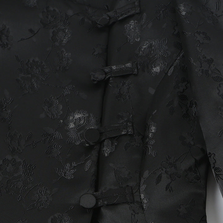 Women's Tailored Jacquard Blazer Jacket with Mandarin Collar and Decorative Knot Closure Mune Fashion