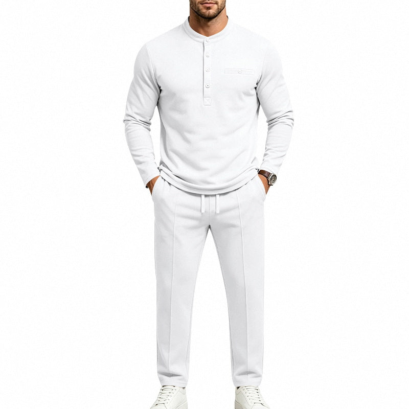 Men's Two-Piece Leisure Set with Henley Long Sleeve Shirt, Stand Collar and Comfort Jogging Pants Mune Fashion