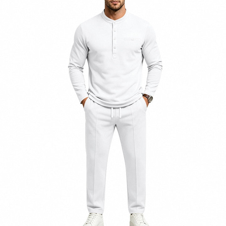 Men's Two-Piece Leisure Set with Henley Long Sleeve Shirt, Stand Collar and Comfort Jogging Pants Mune Fashion
