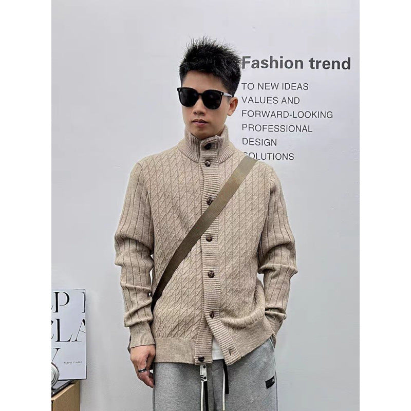 Men's finely structured cable knit cardigan with high stand-up collar and full button placket Mune Fashion