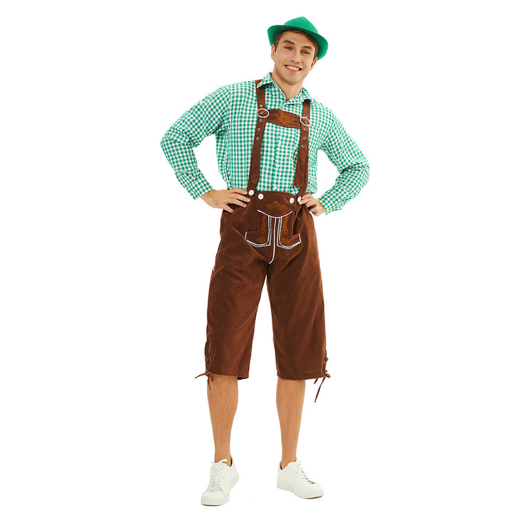 Men's traditional Bavarian leather shorts knee-length with embroidered suspenders Mune Fashion