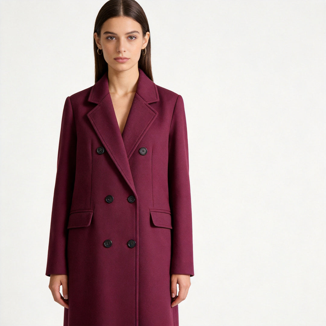 Ladies Double-breasted tailored wool blend coat with lapel collar and flap pockets Mune Fashion