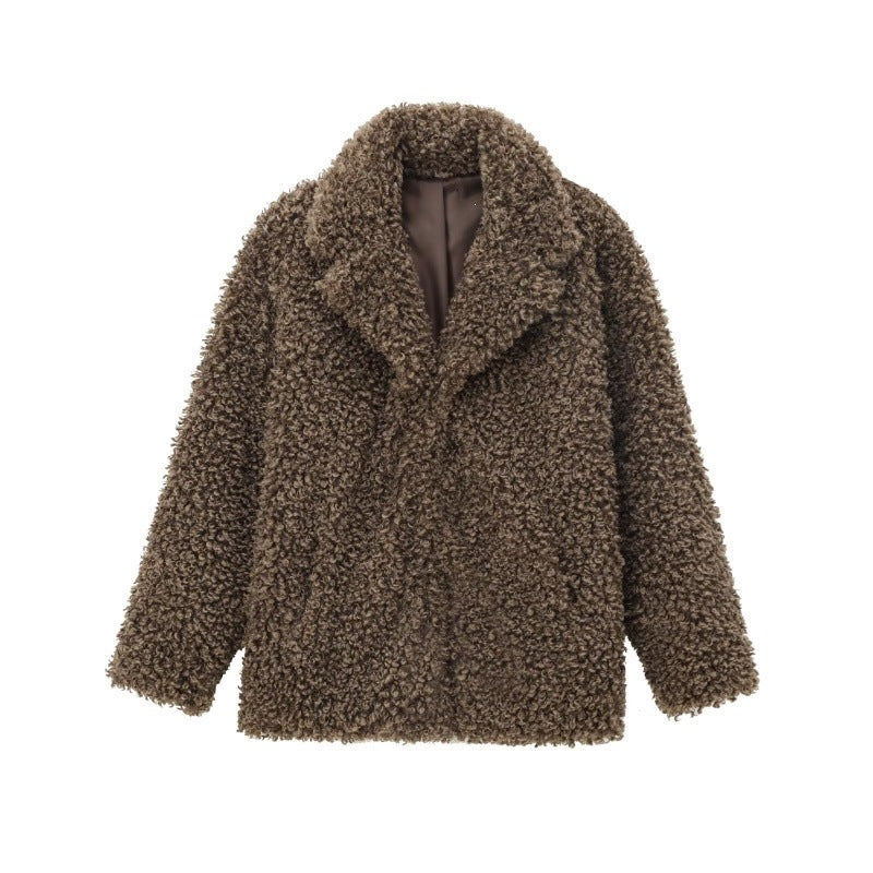 Women's Oversized Faux Fur Teddy Jacket with Shawl Collar and Lined Interior Mune Fashion