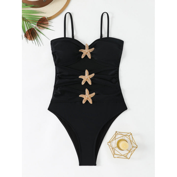 Women's elegant swimsuit with unique neckline and glittering star appliqués Mune Fashion