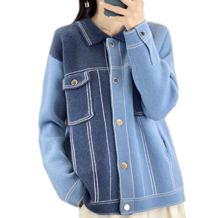 Women's Oversized Knit Jacket in Denim Jacket Look with Contrasting Seam Details and Chest Pocket Mune Fashion