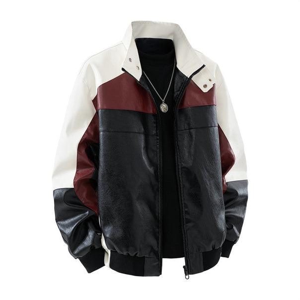 Men's faux leather colorblock bomber jacket with stand-up collar, two-way zipper, and elastic cuffs Mune Fashion