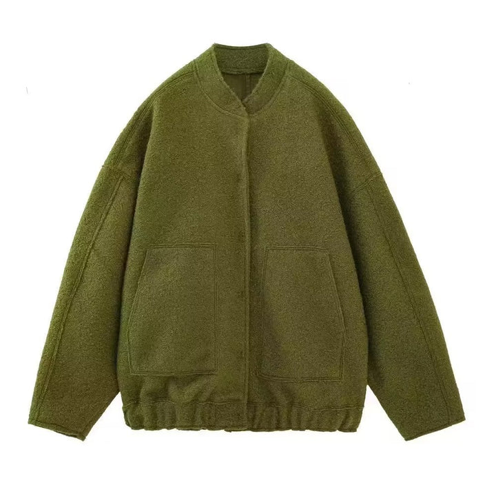 Women's short boxy wool blend jacket with short stand-up collar, concealed front placket and patch pockets Mune Fashion