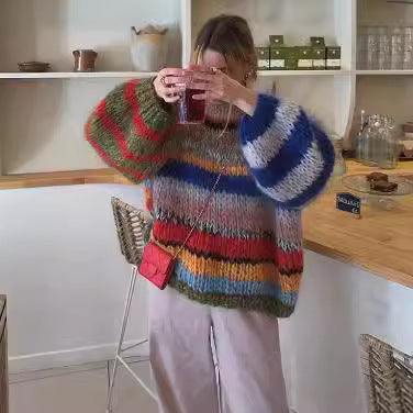 Women's Cozy Knit Sweater with Flared Sleeves and Colorful Stripe Pattern Mune