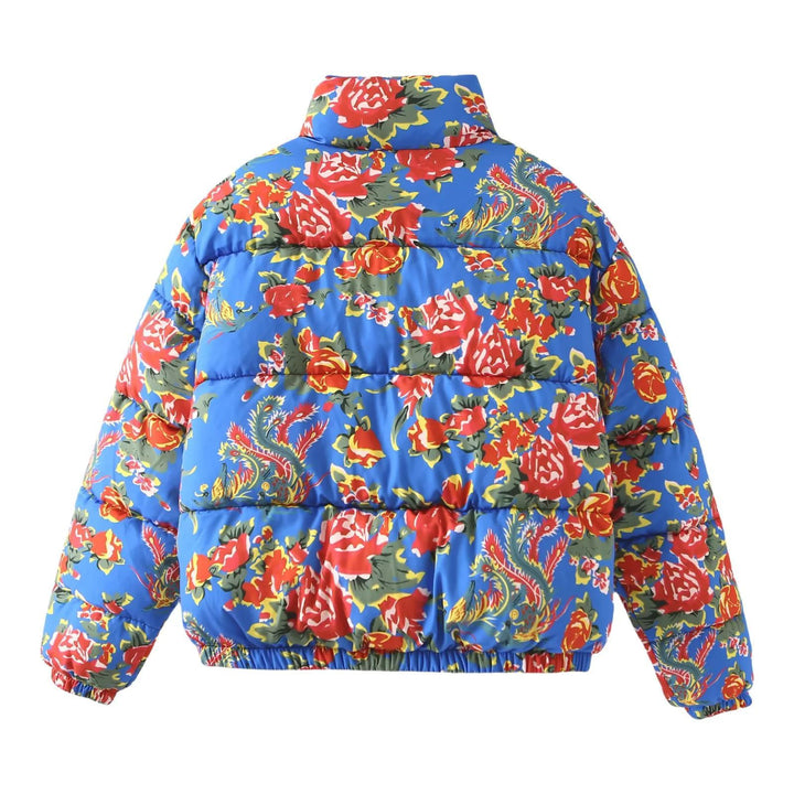 Women's quilted down look quilted jacket with floral all-over print, stand-up collar, and elastic hem Mune Fashion