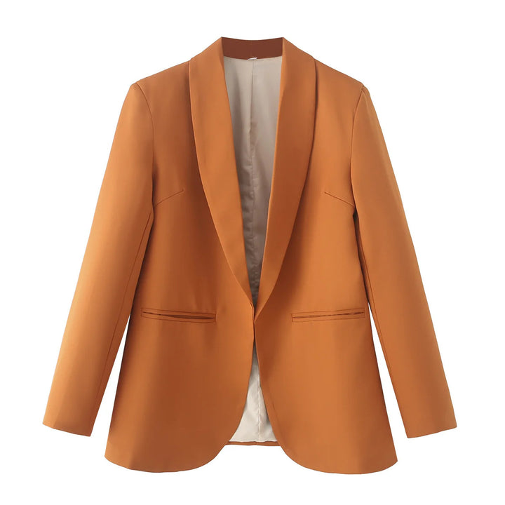 Ladies long blazer with shawl collar, unstructured fall and piped welt pockets Mune Fashion