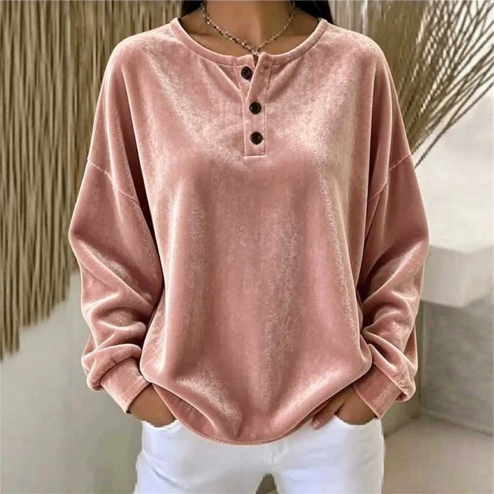 Women Casual Oversized Velvet Henley Shirt with Button Placket Mune Fashion