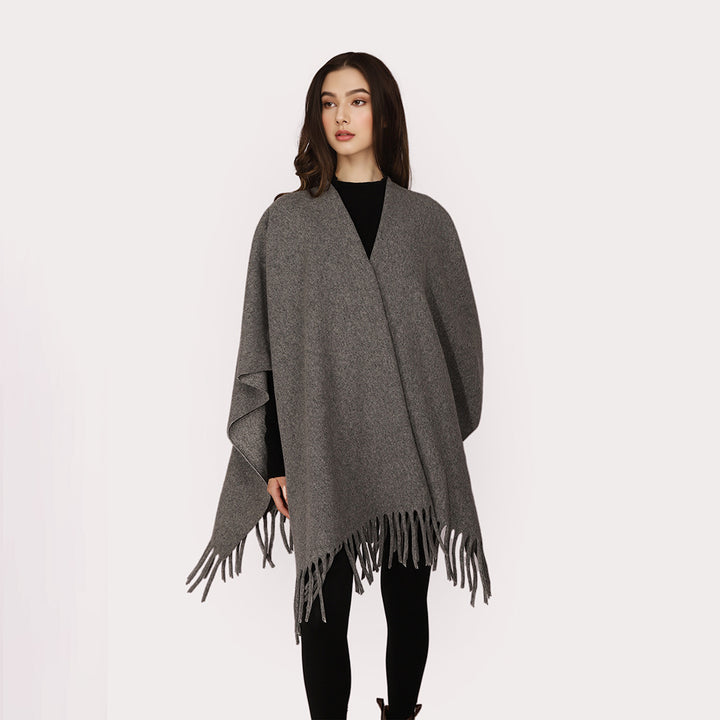 Women's Open Wool Blend Cape-Style Throw with Fringe Hem Mune Fashion