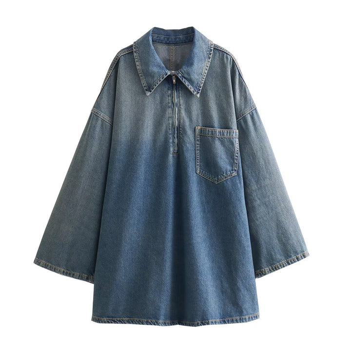 Women's oversized denim tunic with half zipper, wide cut and breast pocket Mune Fashion