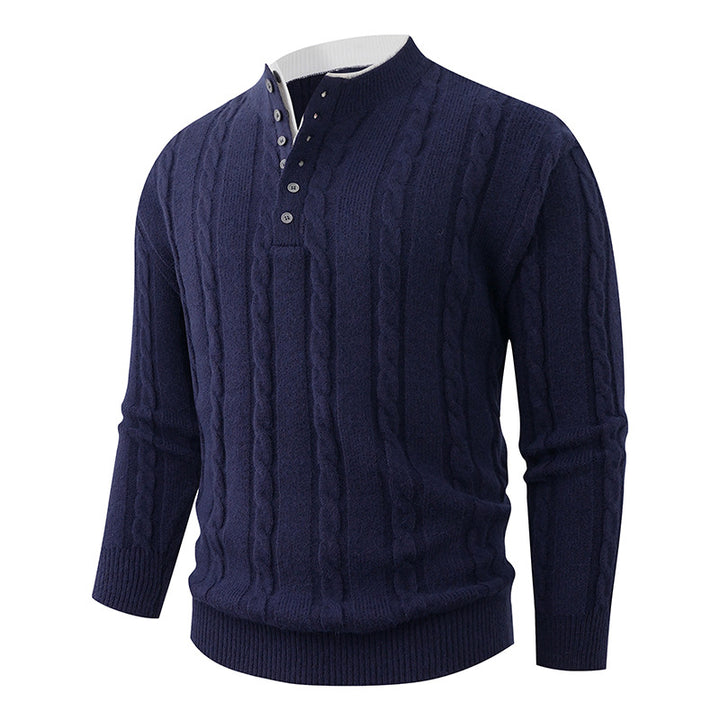 Men's Structured Cable Knit Sweater with Button Placket and Stand Collar Mune Fashion