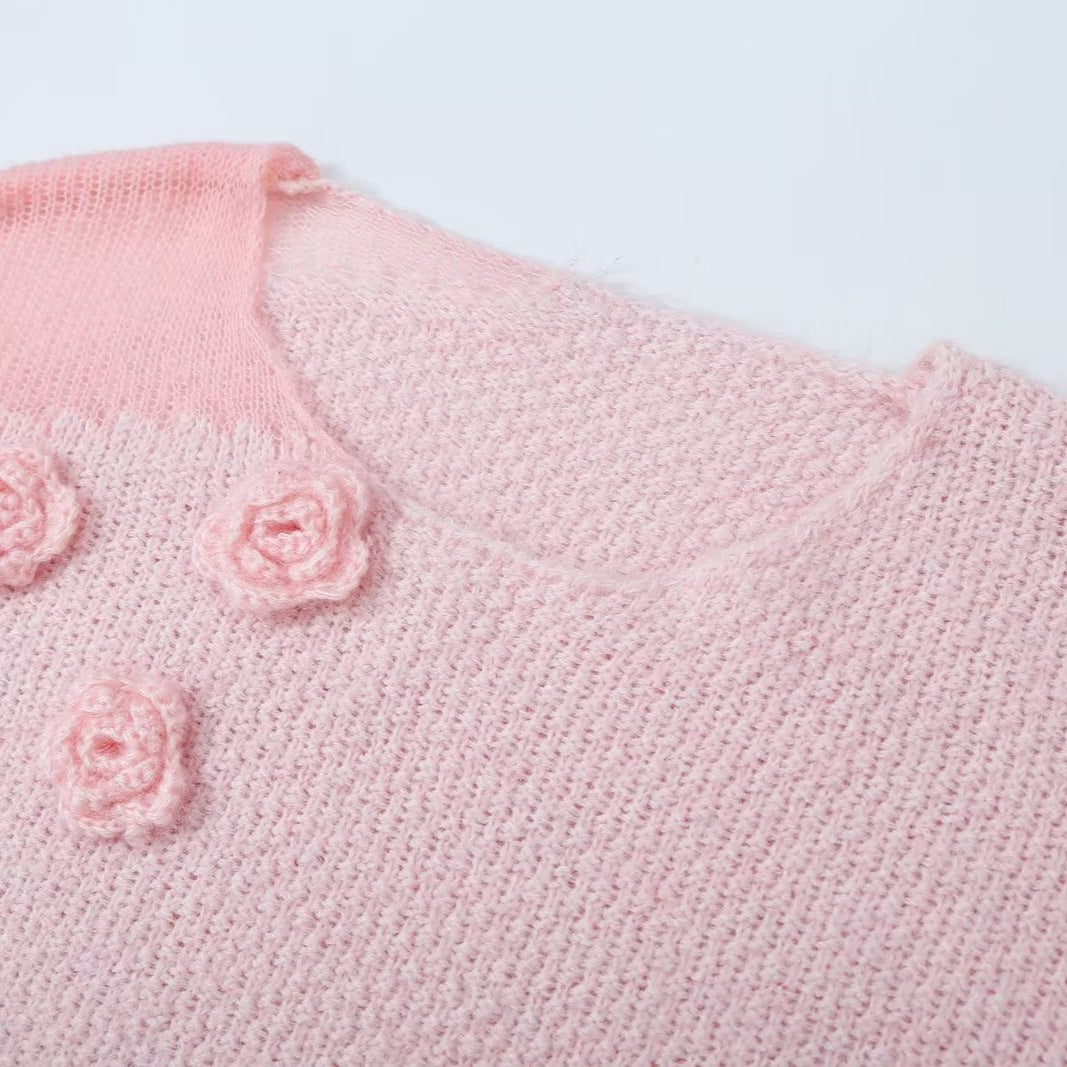 Women's knit set with cozy sweater featuring 3D flower appliqué and A-line skirt Mune Fashion