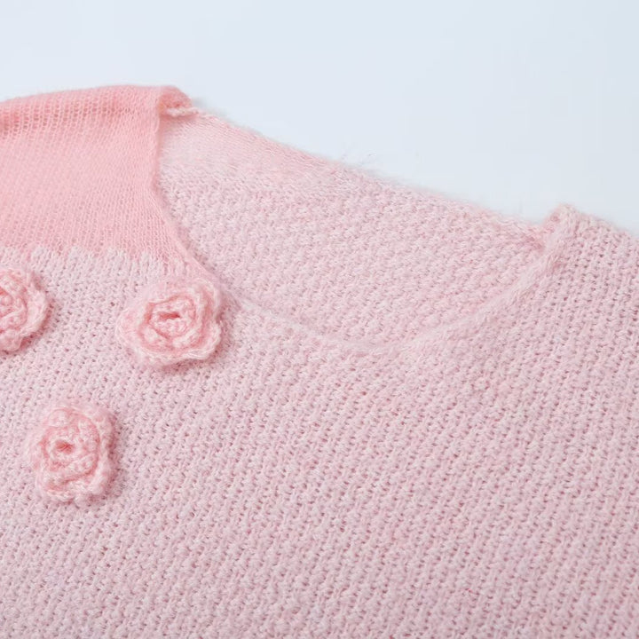 Women's knit set with cozy sweater featuring 3D flower appliqué and A-line skirt Mune Fashion